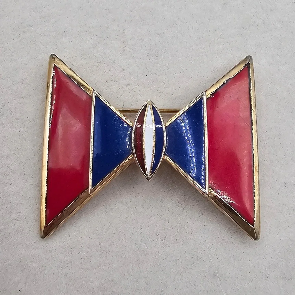 Vintage Red Blue White Enamel Geometric Bow Brooch Gold Tone Pin